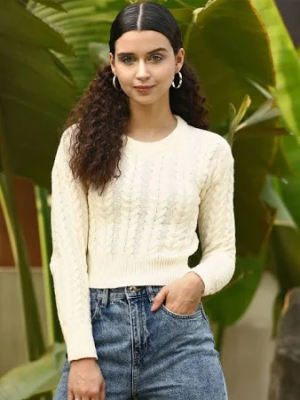 STREET 9 Women Cream Geometric Sweater